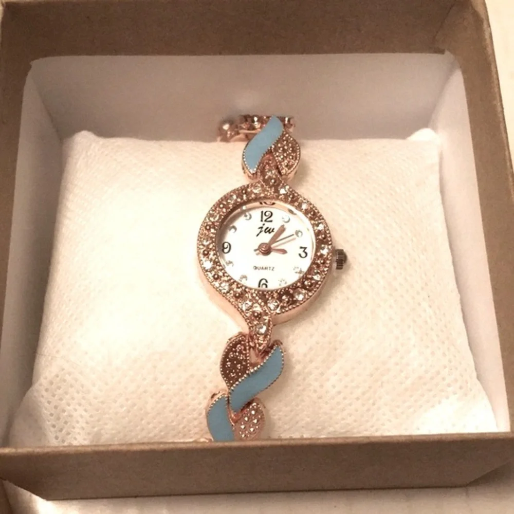 Delicate Blue Opal W/Rhinestones Decorating Outer Trim Bracelet Jewelry Watch